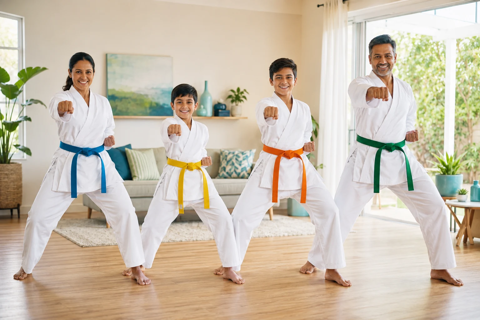 A family practicing martial arts together